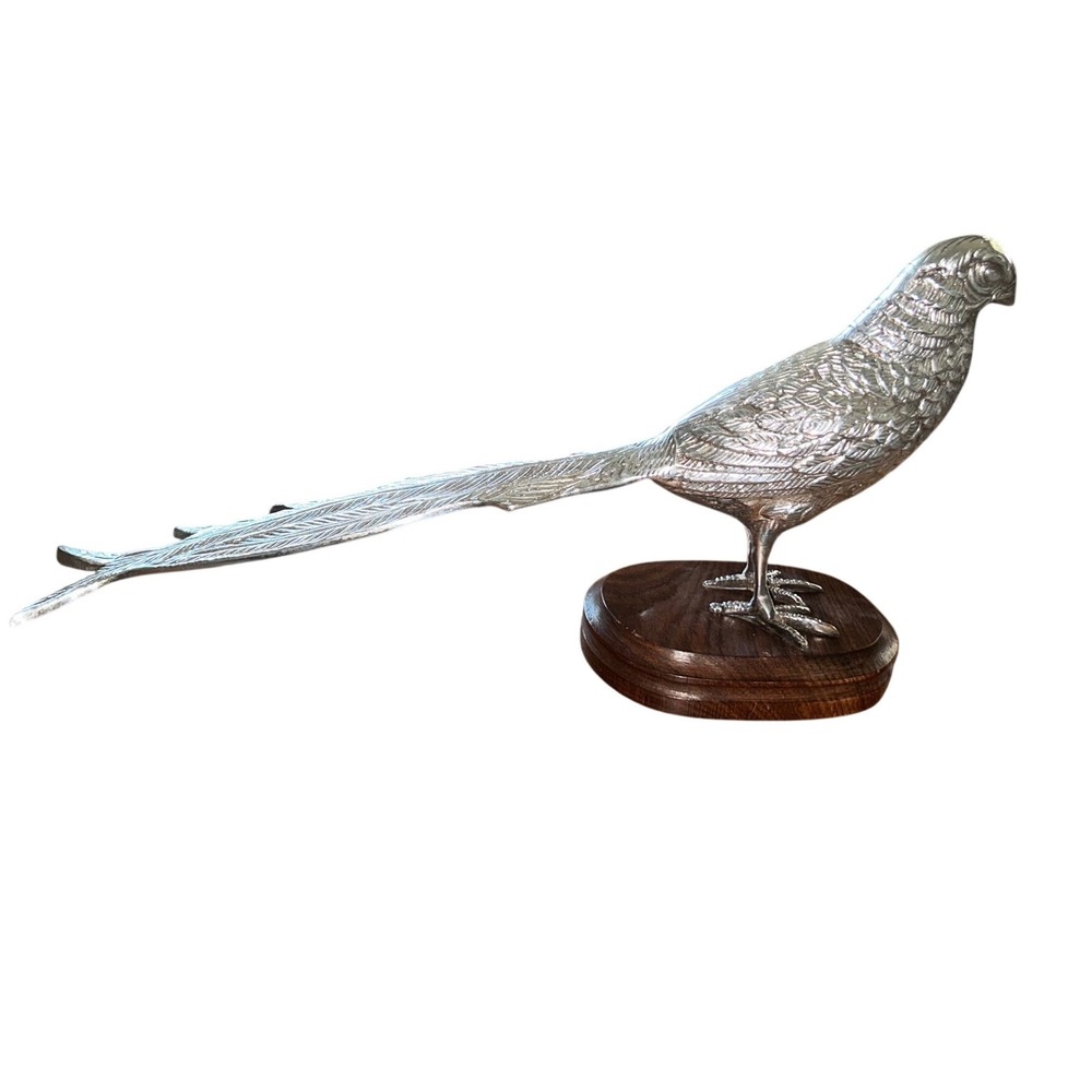 Vintage Silver Tone Pheasant Bird Figurine Sculpture on Wood Base Made in India